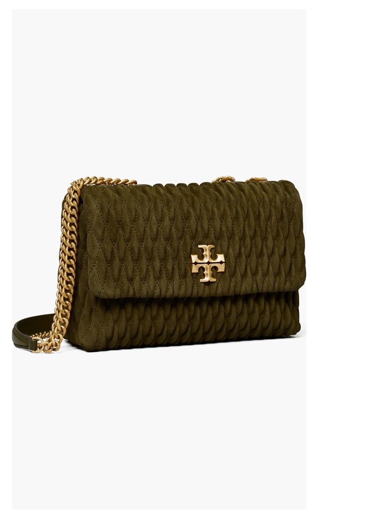 Tory Burch Quilted Suede Shoulder Bag In Olive Green With Gold Hardware